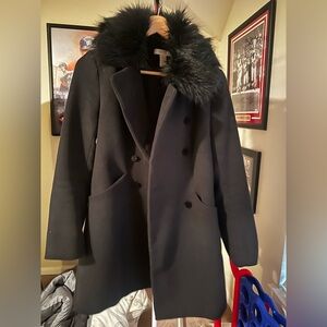 H&M Black Pea Coat with Fur Collar